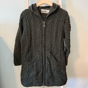 Aran Crafts Ireland Merino Wool Cable Knit Hooded Zip Sweater Cardigan Green Med